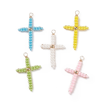 Glass Pendants, with Golden Brass Findings, Cross, Mixed Color, 46x28.5x4mm, Hole: 4.5x3.5mm