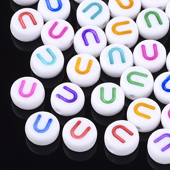 Initial Acrylic Beads, Horizontal Hole, Flat Round, Mixed Color, Letter.U, 7x3.5~4mm, Hole: 1.2mm, about 3700pcs/500g