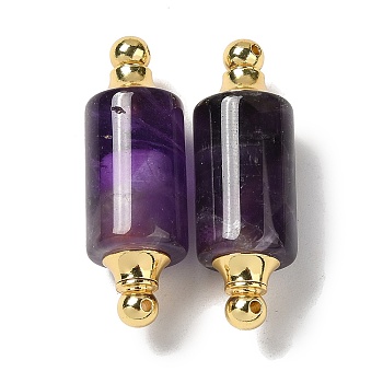 Natural Amethyst Connector Charms, with Golden Plated 304 Stainless Steel Findings, Column Links, 36x12mm, Hole: 1.2~1.4mm