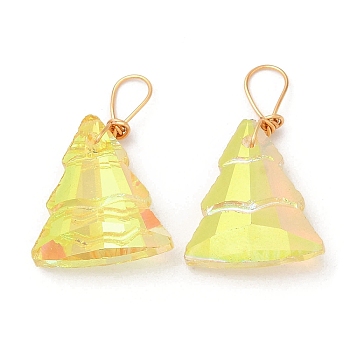 Glass Pendants, with Light Gold Brass Loops, Christmas Tree Charms, Yellow, 21~22x13~13.5x5~5.5mm, Hole: 5x3.5mm