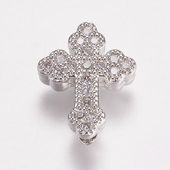 Brass Micro Pave Cubic Zirconia Beads, Cross, Clear, Platinum, 15x12x4.5mm, Hole: 2mm