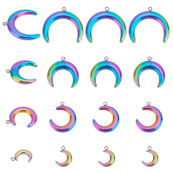 Elite 16Pcs 4 Style 201 Stainless Steel Pendants, Double Horn/Crescent Moon Pendant, Moon, Rainbow Color, 12~21x9.5~23.5x2~3.5mm, Hole: 1.4mm, 4pcs/style