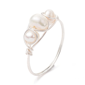 Natural Pearl Finger Rings, Copper Wire Wrapped Ring, Silver, US Size 8 1/2(18.5mm)