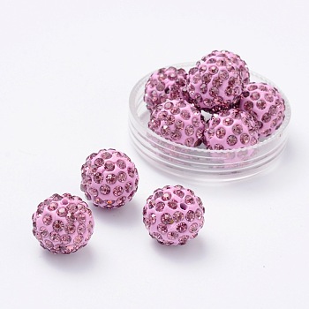Rhinestone Beads, Pave Disco Ball Beads with Polymer Clay, Medium Orchid, Size: about 14mm in diameter, hole: 2mm, rhinestone: PP17(2.3~2.4mm), 8 rows rhinestone per bead