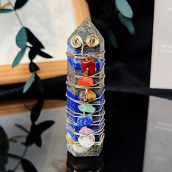 Wire Wrapped Tower Natural Lapis Lazuli Healing Stone Wands, with Natural Gemstone Chip, for Reiki Chakra Meditation Therapy Decos, Hexagon Prism, 65~70mm
