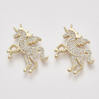 Brass Micro Pave Cubic Zirconia Pendants, Unicorn, Clear, Nickel Free, Real 18K Gold Plated, 27x18.5x2mm, Hole: 1.2mm