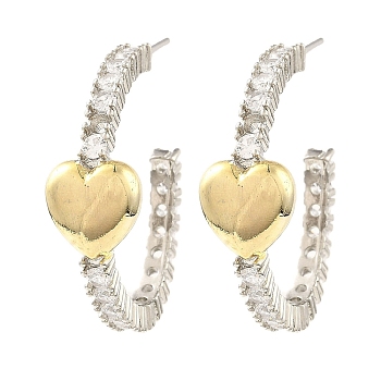 Rack Plating Brass Heart Stud Earrings, Cubic Zirconia Half Hoop Earrings, Long-Lasting Plated, Lead Free & Cadmium Free, Real 18K Gold Plated, 34x11.5mm