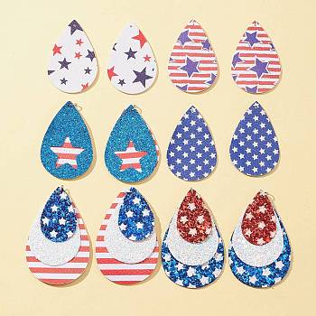 12Pcs 6 Styles Independence Day Theme, PU Leather Big Pendants, Double Sided, Teardrop, Mixed Color, 56~70x37~46x1.5~4.5mm, Hole: 1.8~4.5mm, 2pcs/style