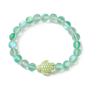 8mm Round Dyed Synthetic Moonstone Beaded Stretch Bracelets, Beach Tortoise Handmade Porcelain Bracelets for Women, Pale Green, Inner Diameter: 2 inch(5.2cm), Bead: 8mm, Tortoise: 18.5x15mm
