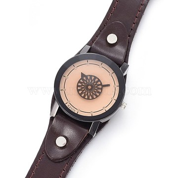 Wristwatch, Quartz Watch, Alloy Watch Head and PU Leather Strap, Coconut Brown, 9-1/2 inch~10 inch(24.2~25.5cm), 19~20x3mm, Watch Head: 39.5x41x14mm(X-WACH-I017-11C)