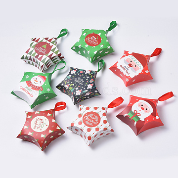 Star Shape Christmas Gift Boxes, with Ribbon, Gift Wrapping Bags, for Presents Candies Cookies, Mixed Color, 12x12x4.05cm(CON-L024-F)