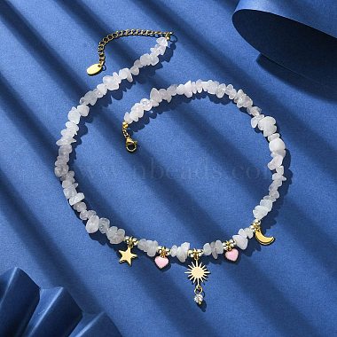 Alloy Enamel & 304 Stainless Steel & Brass Bib Necklace with Natural Rose Quartz Chip Beaded Chains(NJEW-JN04434)-5