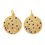 Rack Plating Brass Micro Pave Cubic Zirconia Pendant, with Jump Ring, Long-Lasting Plated, Flat Round, Real 18K Gold Plated, 17x15x1.5mm(KK-H486-16G)