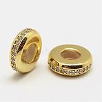 Brass Micro Pave Grade AAA Cubic Zirconia Slider Beads, with Plastic, Flat Round, Cadmium Free & Nickel Free & Lead Free, Real 18K Gold Plated, 8x3mm, Hole: 3mm(KK-P056-04G-NR)
