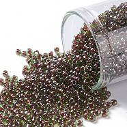 TOHO Round Seed Beads, Japanese Seed Beads, (250) Inside Color Peridot/Fuchsia Lined, 11/0, 2.2mm, Hole: 0.8mm, about 1110pcs/bottle, 10g/bottle(SEED-JPTR11-0250)