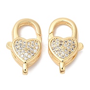 Brass Micro Pave Clear Cubic Zirconia Lobster Claw Clasps, Heart, Real 18K Gold Plated, 20x11.5x6mm, Hole: 2.6x1.6mm(KK-B074-20G)