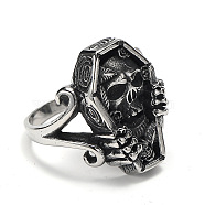 Coffin with Skull Men's Titanium Steel Finger Rings, Antique Silver, US Size 11(20.6mm)(PW-WGF83F4-02)