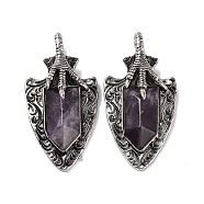 Natural Amethyst Faceted Big Pendants, Dragon Claw with Arrow Charms, with Antique Silver Plated Alloy Findings, 55x27.5x10.5mm, Hole: 6mm(G-L524-03AS-07)