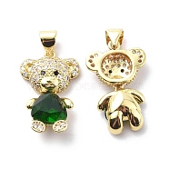Brass Cubic Zirconia Pendants, Bear with Heart Charm, Real 18K Gold Plated, Dark Green, 21x13.5x5~5.5mm, Hole: 3.5x4.5mm(KK-G446-27G-01)