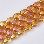 Electroplate Transparent Glass Beads Strands, Faceted, Teardrop, Orange, 8.5x6x3.5mm, Hole: 1mm, about 80pcs/strand, 26.38 inch(67cm)(EGLA-T020-04C)