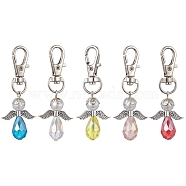 5Pcs 5 Colors Angel Glass Pendant Decoraiton, with Alloy Swivel Lobster Claw Clasps, Mixed Color, 60mm, 1pc/color (HJEW-JM01659)