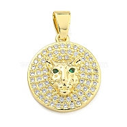 Brass Micro Pave Cubic Zirconia Pendants, Flat Round with Leopard Head Charms, Real 18K Gold Plated, 19.5x17x4.5mm, Hole: 5.5x3mm(KK-K354-11C-G)