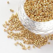 Electroplate Cylinder Seed Beads, Uniform Size, Metallic Colours, Gold, 1~1.5x1.5~2mm, Hole: 0.5mm, about 50g/bag, about 5000pcs/bag(SEED-R041-06)