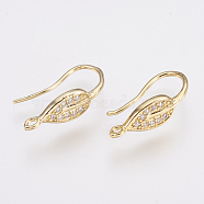 Brass Micro Pave Cubic Zirconia Earring Hooks, with Horizontal Loop, Leaf, Clear, Golden, 21x6mm, Hole: 1.5mm, 20 Gauge, Pin: 0.8mm(ZIRC-K075-38G)