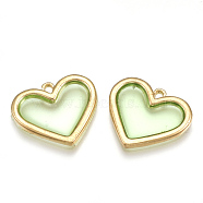 Epoxy Resin Pendants, with Alloy Findings, Heart, Light Gold, Light Green, 15.5x18x1.5mm, Hole: 1.5mm(PALLOY-T056-11C)