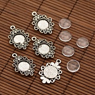 Tibetan Style Filigree Alloy Flower Pendant Cabochon Settings and Transparent Flat Round Glass Cabochons, Antique Silver, Tray: 12mm, 30x21x3mm, Hole: 2mm, Glass Cabochons: 12x4mm(DIY-X0235-AS)