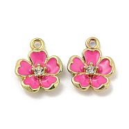 Alloy Enamel Pendants, with Rhinestone, Golden, Flower Charm, Hot Pink, 16x12.5x3mm, Hole: 1.8mm(ENAM-D063-01G-05)