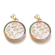 Brass Micro Pave Cubic Zirconia Pendants, with Enamel, Real 18K Gold Plated, Flat Round with Tree, White, 23x20x2mm, Hole: 3x5.5mm(ZIRC-F116-03B-G)