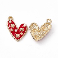 Alloy Enamel Pendants, with ABS Imitation Pearl Beads, Light Glod, Heart with Flower Charm, Red, 21x14.5x4mm, Hole: 1.6mm(PALLOY-P287-14LG-05)