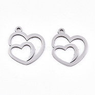 201 Stainless Steel Pendants, Laser Cut, Hollow, Heart with Heart, Stainless Steel Color, 16x14x0.9mm, Hole: 1.4mm(STAS-S081-068)