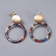 Cellulose Acetate(Resin) Dangle Earrings, with Brass Findings, Plastic Ear Nuts and Brass Ear Nuts, Ring, Colorful, 46~47mm, pin: 0.7mm(EJEW-JE03316-02)