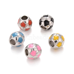 304 Stainless Steel European Beads, with Enamel, Large Hole Beads, Rondelle with FootBall/Soccer Ball, Mixed Color, 12.5x11.5mm, Hole: 5mm(STAS-E050-04P)