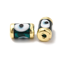 Handmade Evil Eye Lampwork Beads, with Light Gold Tone Brass Findings, Long-Lasting Plated, Lead Free and Cadimum Free, Column, Teal, 14.5~15x9~9.5mm, Hole: 1.8mm(LAMP-M012-01LG-F)