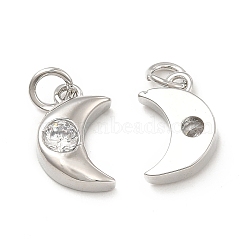 Brass Micro Pave Cubic Zirconia Charms, with Jump Ring, Moon Charm, Platinum, 12.5x8.3x3.2mm, Hole: 2.5mm(KK-E068-VB229)