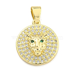 Brass Micro Pave Cubic Zirconia Pendants, Flat Round with Leopard Head Charms, Real 18K Gold Plated, 19.5x17x4.5mm, Hole: 5.5x3mm(KK-K354-11C-G)