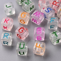 Transparent Clear Acrylic Beads, Horizontal Hole, Cube with Mixed Color Random Letter, Mixed Color, 10x9.5x9.5mm, Hole: 4mm, about 600pcs/500g(MACR-N008-46)