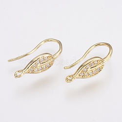 Brass Micro Pave Cubic Zirconia Earring Hooks, with Horizontal Loop, Leaf, Clear, Golden, 21x6mm, Hole: 1.5mm, 20 Gauge, Pin: 0.8mm(ZIRC-K075-38G)