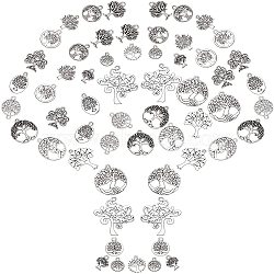 PandaHall Elite 64Pcs 16 Style Tibetan Style Alloy Pendants, Cadmium Free & Nickel Free & Lead Free, Flat Round with Tree of Life, Antique Silver, 13.5~41x10~37x1~2.5mm, hole: 1.2~2mm, 4pcs/style (TIBEP-PH0001-33)