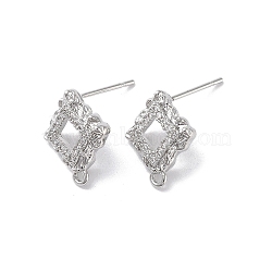 Brass Micro Pave Cubic Zirconia Stud Earring Findings, Rhombus, Real Platinum Plated, 14.5x11.5mm, Hole: 1.2mm, Pin: 0.8mm(KK-E107-16P)