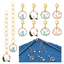 Locking Stitch Markers and Beaded Link Knitting Row Counter Chains, with Cat & Rabbit Alloy Enamel Pendant, Mixed Color, 4~145cm, 10pcs/set(HJEW-AB00542)