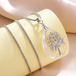 Alloy Glass Tree of Life Teardrop Pendant Box Chain Necklaces for Women, Platinum, 17.72 inch(45cm)(PW-WG95207-01)