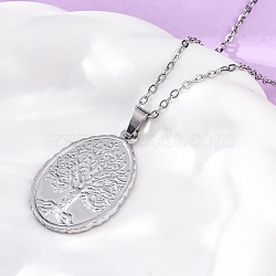 Oval Tree of Life 304 Stainless Steel Pendant Necklaces, Stainless Steel Color, 17.91 inch(45.5cm)(NJEW-M096-10P)