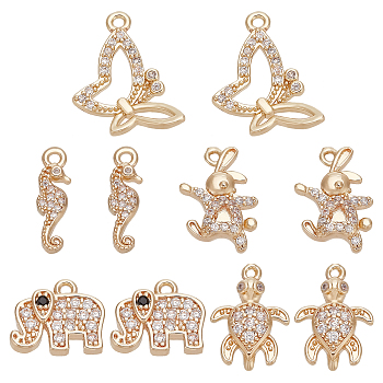 CHGCRAFT 10Pcs 5 Style Rack Plating Brass Micro Pave Clear Cubic Zirconia Pendants, Long-Lasting Plated, Animal Mixed Shape, Light Gold, 10~15.5x4.5~19.5x2~3mm, Hole: 1~1.4mm, 2pcs/style