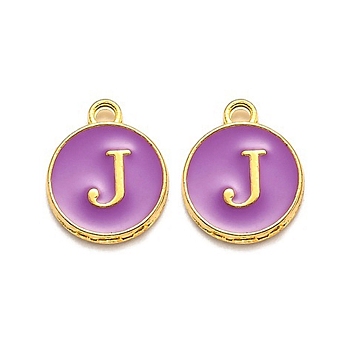 Golden Plated Alloy Enamel Charms, Enamelled Sequins, Flat Round with Alphabet, Letter.J, Purple, 14x12x2mm, Hole: 1.5mm
