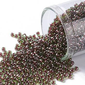 TOHO Round Seed Beads, Japanese Seed Beads, (250) Inside Color Peridot/Fuchsia Lined, 11/0, 2.2mm, Hole: 0.8mm, about 1110pcs/bottle, 10g/bottle