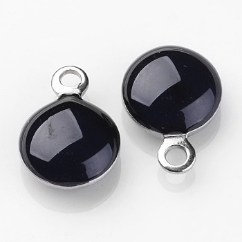 Stainless Steel Enamel Charms, Enamelled Sequins, Flat Round, Black, 11x8x3mm, Hole: 1mm